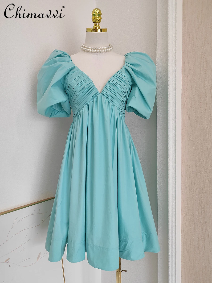 

Женское Плиссированное вечернее платье, однотонное элегантное облегающее платье-трапеция во французском стиле с V-образным вырезом, открытой спиной, пышными рукавами и высокой талией, лето 2024