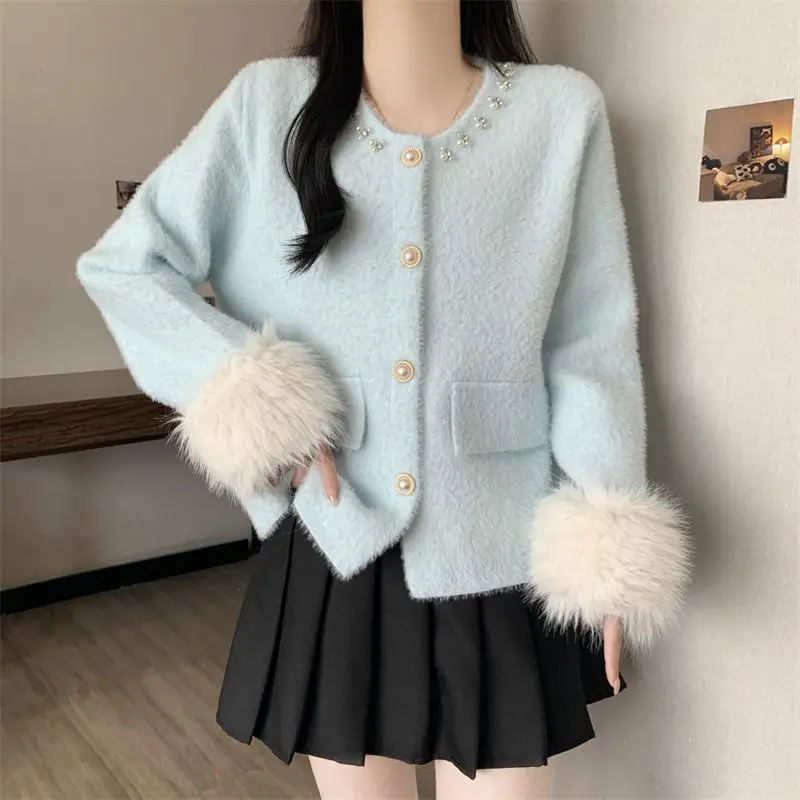 2026 Exquisite Beaded Imitation Mink Cardigan New Autumn Winter Women Knitted Cardigan Tops Korean Style Elegant Jacket Coat