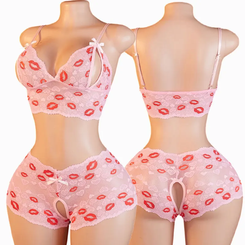 Plus Size Women's 2-Piece Intimate Underwear Open-Front Bra And Crotchless Boxer Shorts Bold Erotic Lingerie for Night of Desire