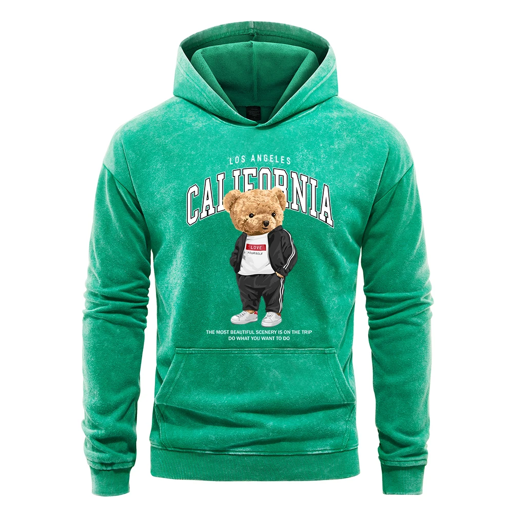 California Los Angeles Letter Bear Printing Washed Man Hoody Cotton Pocket Streetwear Casual Multicolor Clothes Loose Hoodies