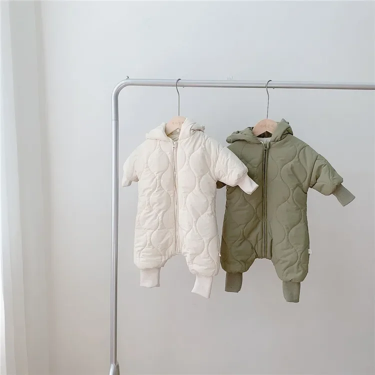 Korean Baby Flying One-piece Cotton Coat Baby Thick Warm Outdoor Clothes Winter Zipper Solid Hooded Rompers