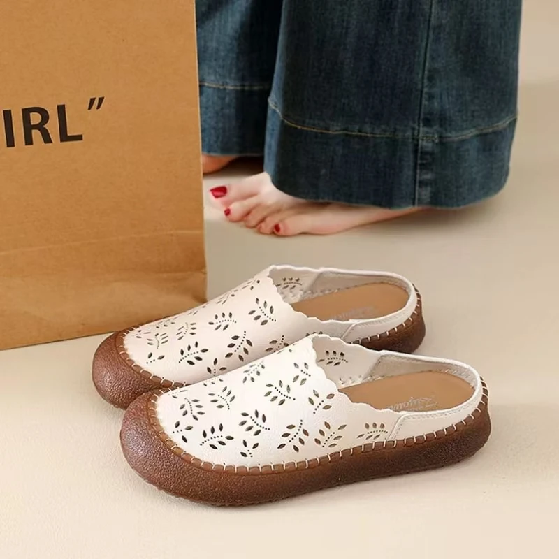 

Women's Real Leather Closed Toe Hollow Out Slippers Summer New Soft sole Non Slip Breathable Outdoor Half Slippers Sandals