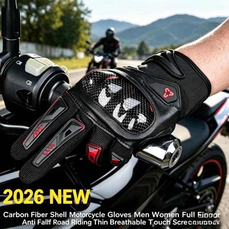 Nouveaux Gants de Moto 2026 en Fibre de Carbone à Doigts Entiers pour Hommes et Femmes, Anti-Chute, Tout-Terrain, Fins, Respirants, Écran Tactile, Équipement de Conduite