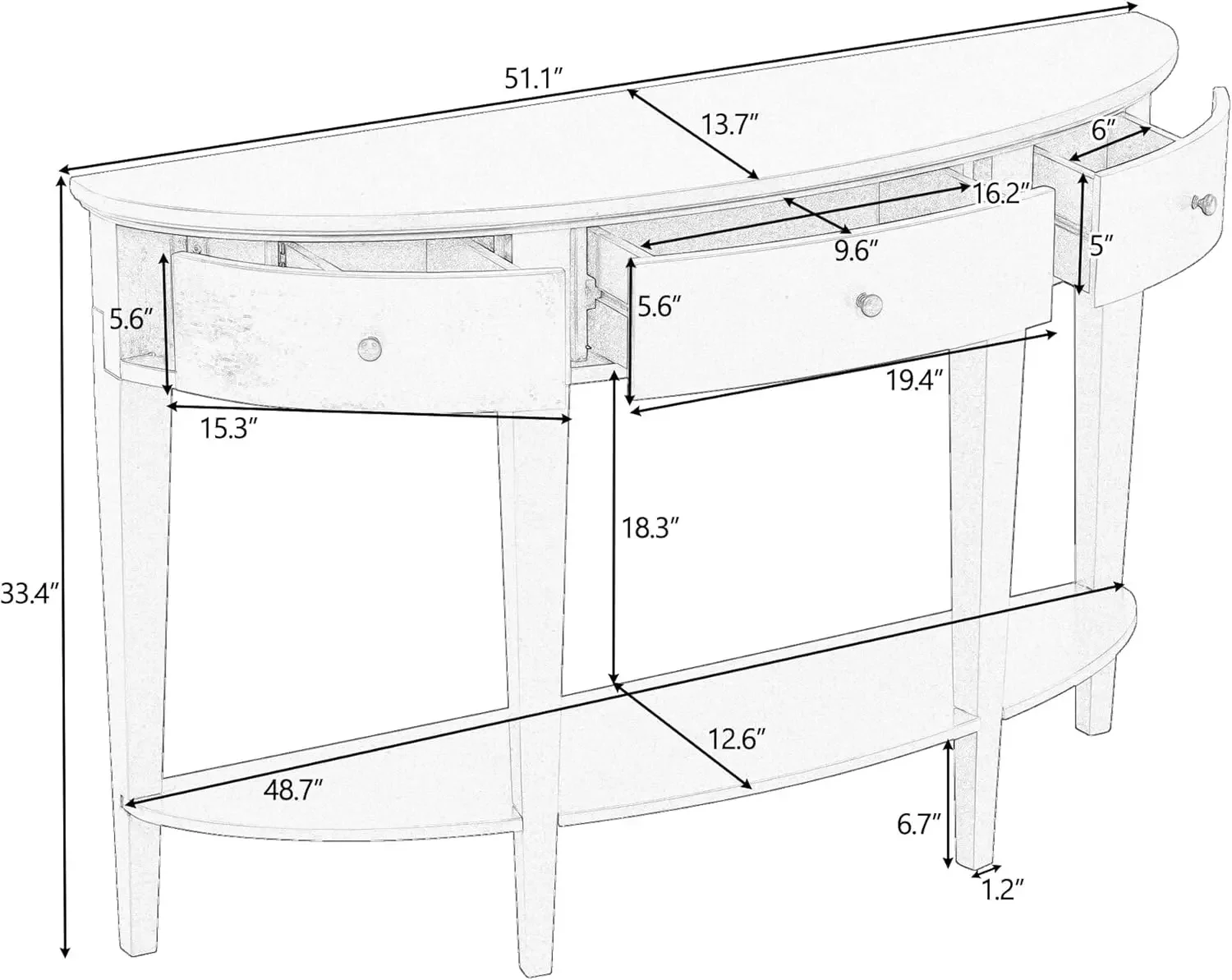 Curved Console Table 51-Inch Half Moon Entry Sofa Table with Drawers and Open Storage Shelf for Living Room Entryway Hallway