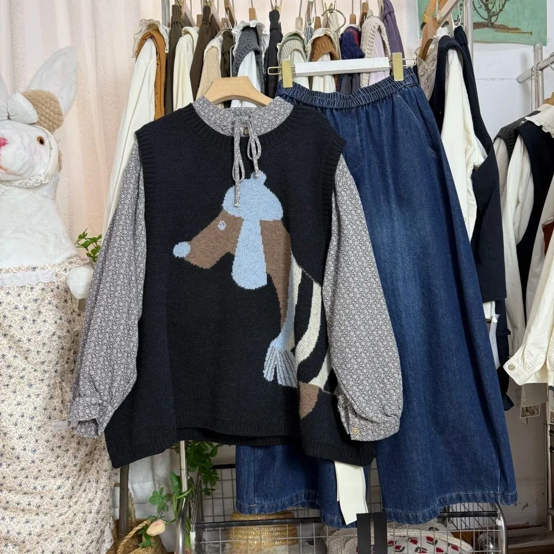 

plus Size Knitted round Neck Vest Fashionable Korean Style Winter Warm Cartoon Dog Patterned Women's Slimming Stylish Top