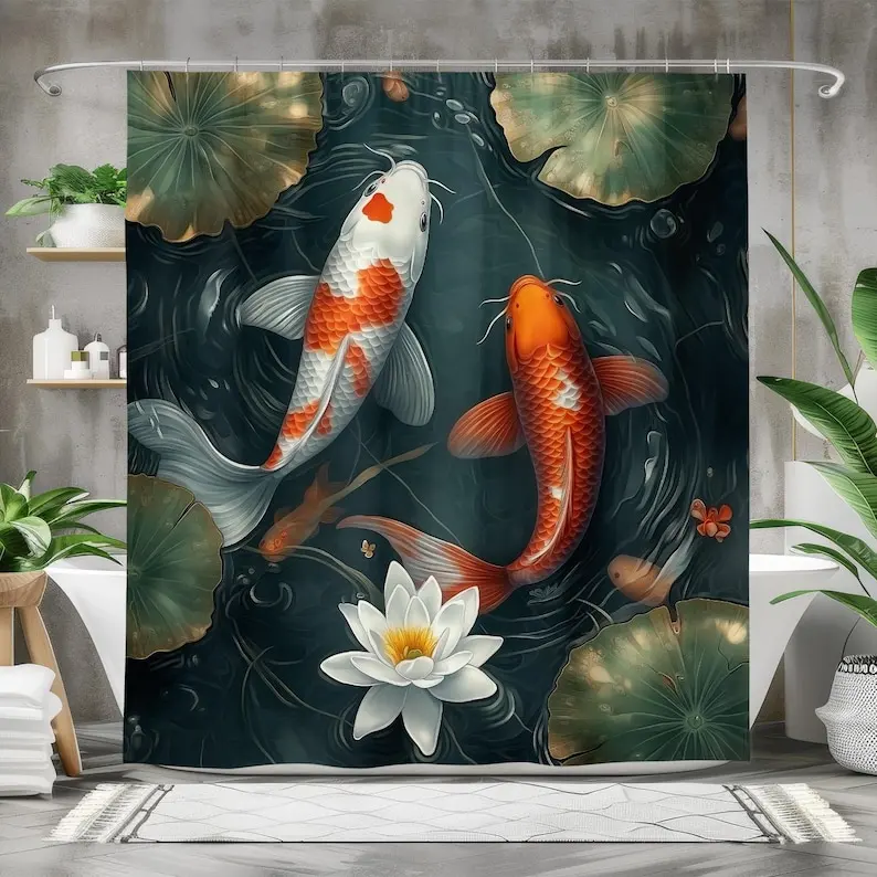 Koi Fish and Lotus Flower Shower Curtain, Waterproof Fabric Bath Curtain, Japanese Pond-Inspired Bathroom Decor