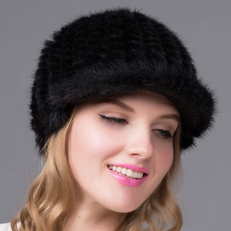 Winter New High-Quality Mink Woven Fur Hat European American Fashionable Duckbill Hat Women's Encrypted Thick Warm Baseball Cap