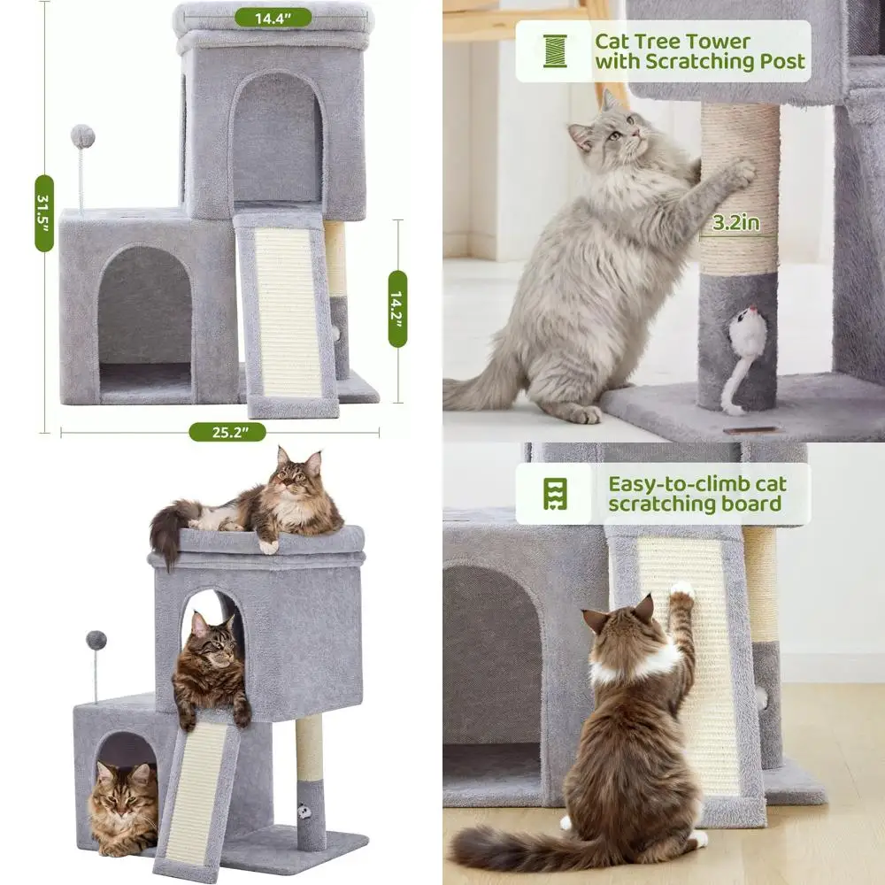 

32 High Cat Tree with 2 Condos, Scratching Post, and Board for Adult Cats in Light Grey