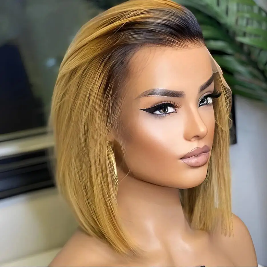 

Soft 180Density Short Bob Ombre Honey Blonde Glueless Straight Lace Front Wig For Black Women BabyHair Preplucked Daily Cosplay