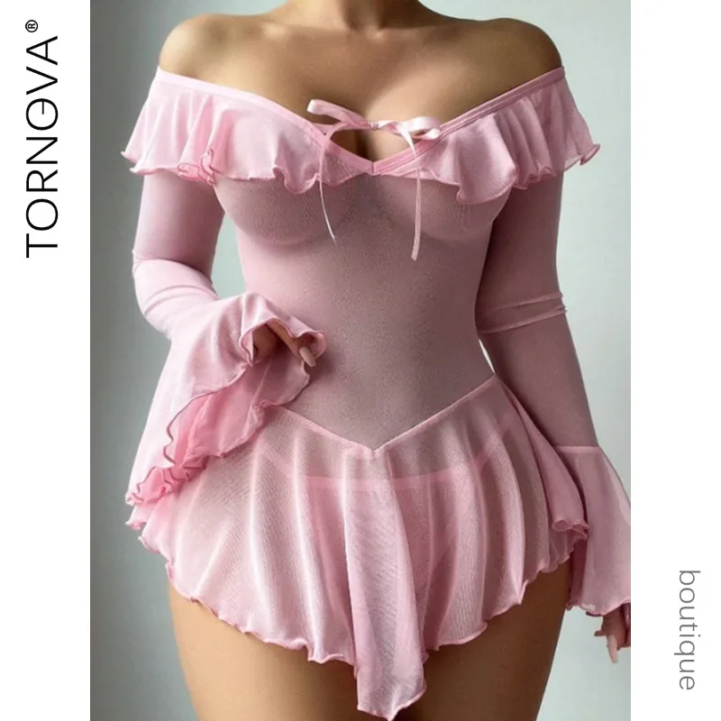 

Tornova Erotic One Shoulder Dress Sexy See-through Solidcolor Mesh Hollow Out Body Shaping High Waisted Elegant Charming Hot Set