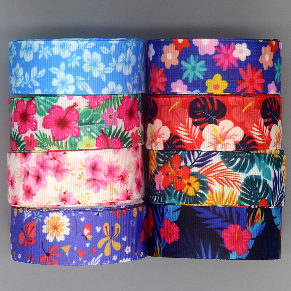 DUWES 50yards Flower Floral Hawaii Printed Grosgrain Ribbon Accessories Material Headwear Decoration DIY Sewing Craft D2135