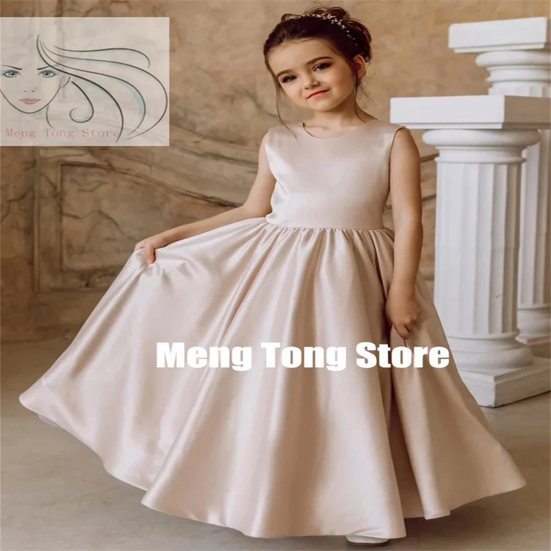 Flower Girl Dresses Dusty Pink Satin White Appliques Sleeveless For Wedding Birthday Party First Communion Gowns