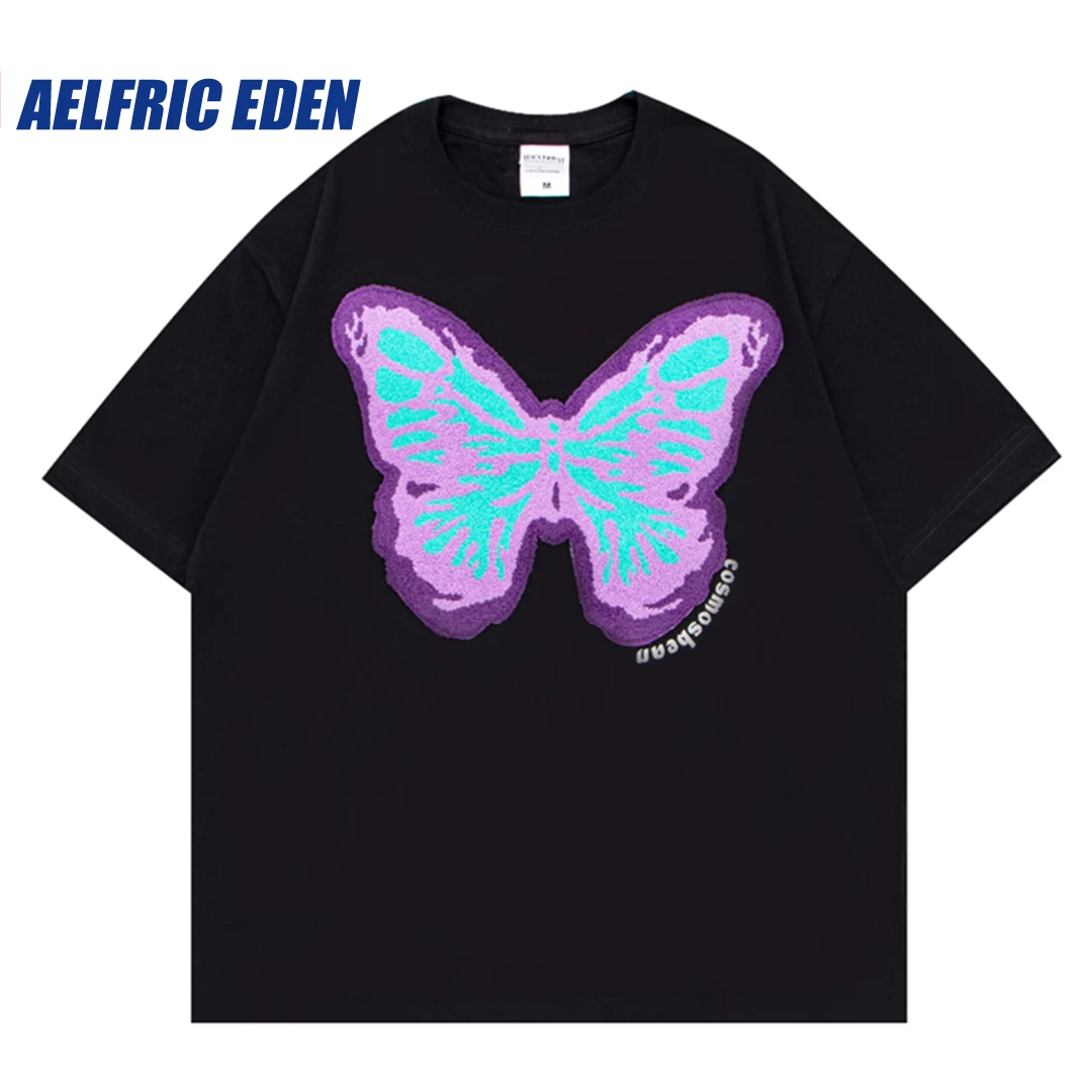 Aelfric Eden 2023 Butterfly Towel Embroidery Tee Y2K Streetwear Hip Hop Harajuku Cotton Mens Casual Short Sleeve Tee Shirts Tops