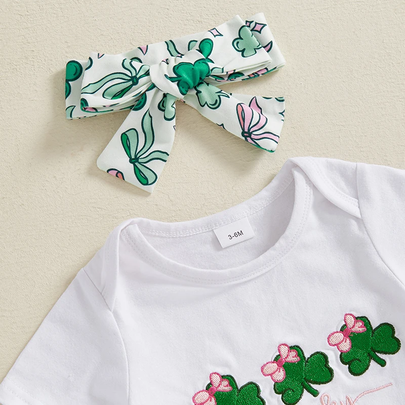 Pakaian bayi perempuan, baju monyet lengan pendek bordir dengan motif Shamrock dan bandana