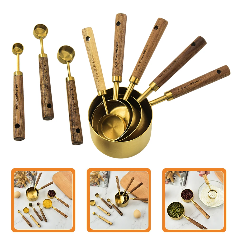 

8 Pcs Measuring Cups Spoons Set Stainless Steel Wood Liquid Scoop Ground Coffee Flour Creamer Protein Powders Gifts