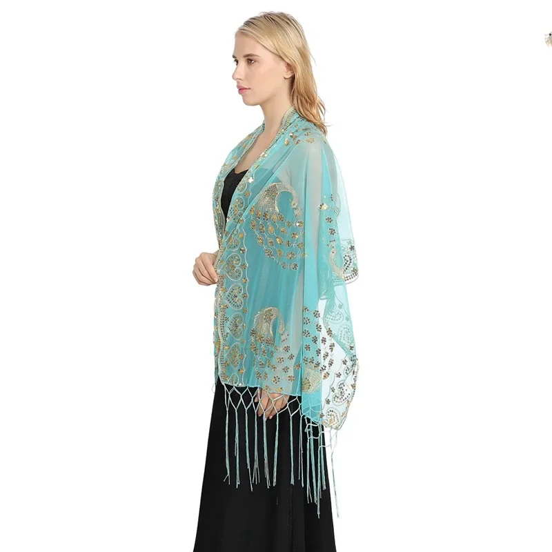 Spring Autumn Sequin Shawl Peacock Embroidery Tassel Shawl Party Evening Dress Shawl Cloak Ponchos Capes Green