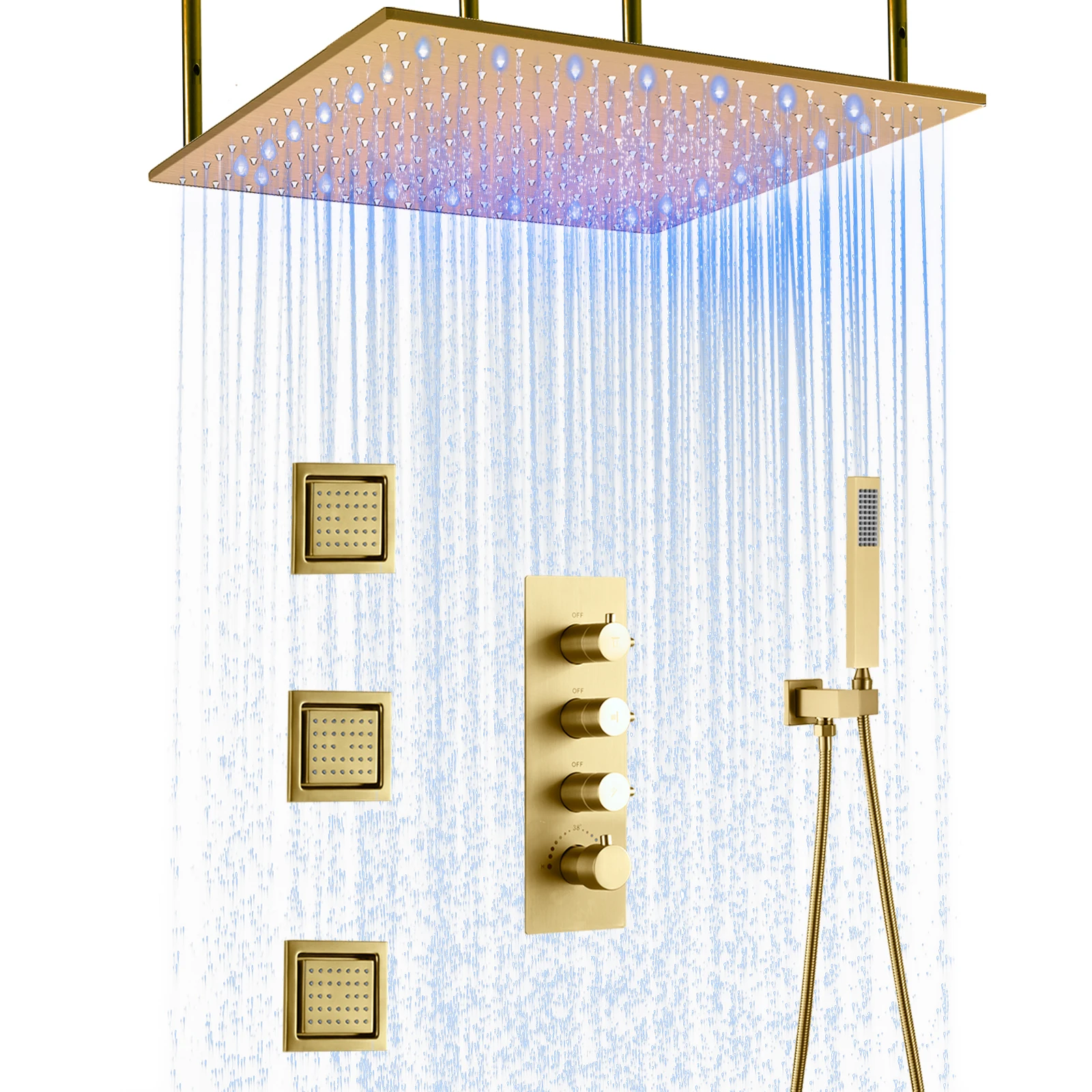 

Ceiling installation 20 inch Brushed Gold LED Shower Set 3 Function Luxury Bathroom Thermostatic Shower System