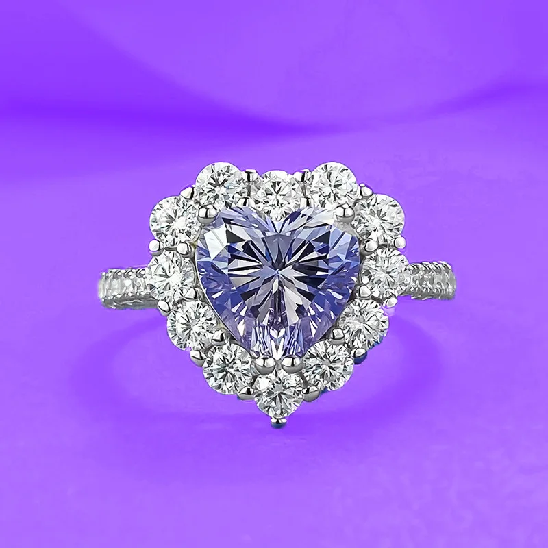 New High Carbon Diamond 925 Sterling Silver Ring Set with 8 * 8 Heart Shaped Lavender Purple Romantic Full Diamond Women