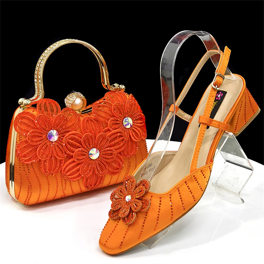 

2026 Nigerian Heel Party for Women Orange Color Shoes and Bag Set Rhinestone Handbag Italian Design Wedding
