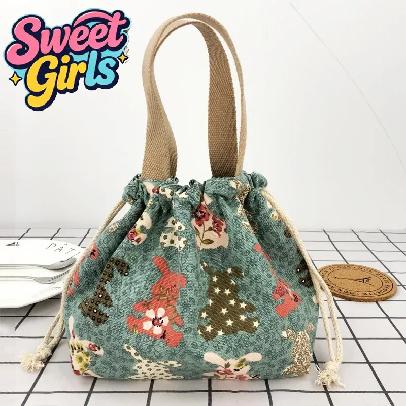 Drawstring Lunch Bag Japanese Style Storage Bag For Travel Picnic Portable Foldable Easy Wash Bento Lunch Box Tote Pouch Bag