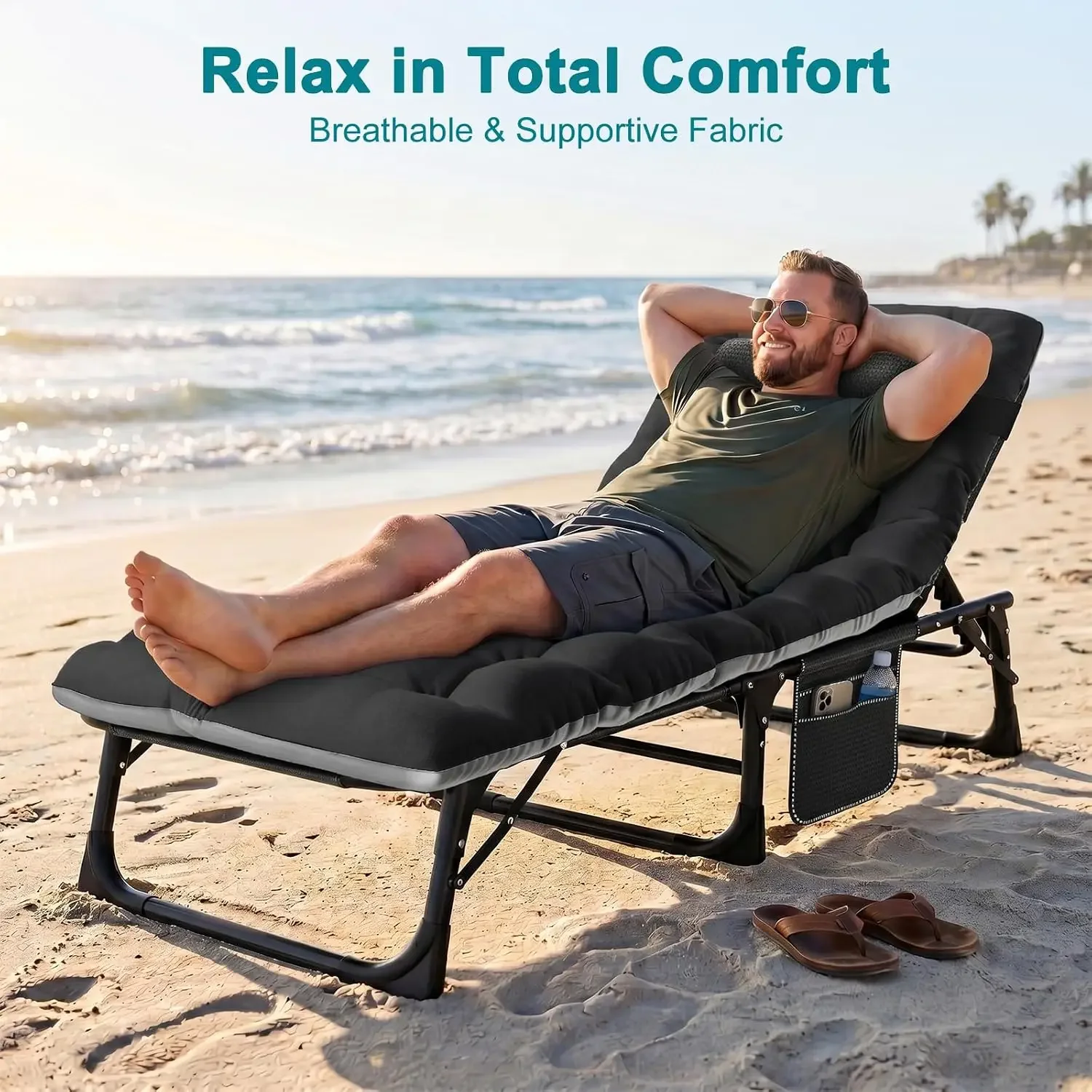 Tanning Chair, 5-Position Padded Folding Chaise Lounge | 5-position folding chaise lounge supports 500 lb and has a removable
