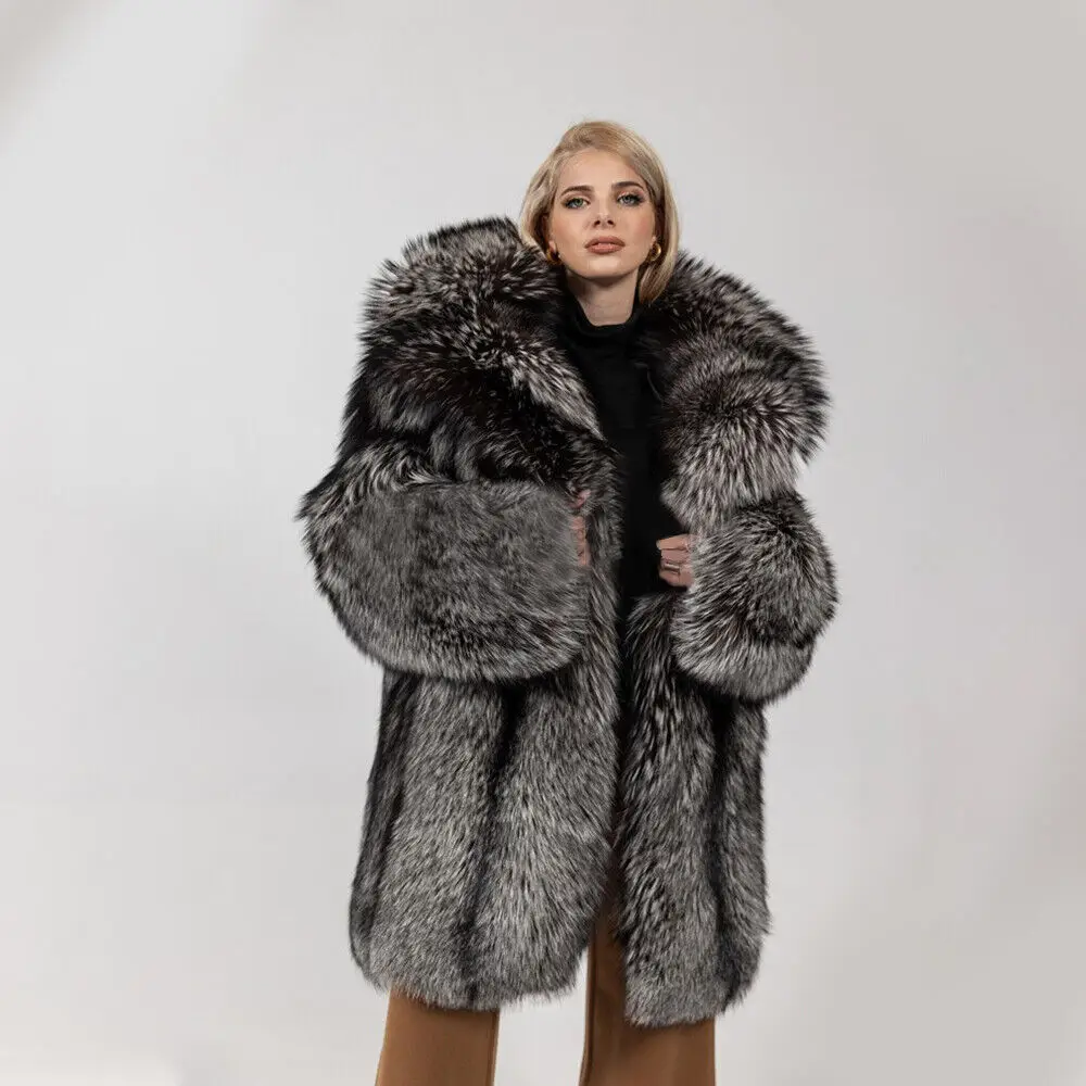 Elegant Women's Whole Skin Real Silver Fox Fur Coats Luxury Winter Natural Fox Fur Shawl Collar Jacket Female Thick Warm Outwear