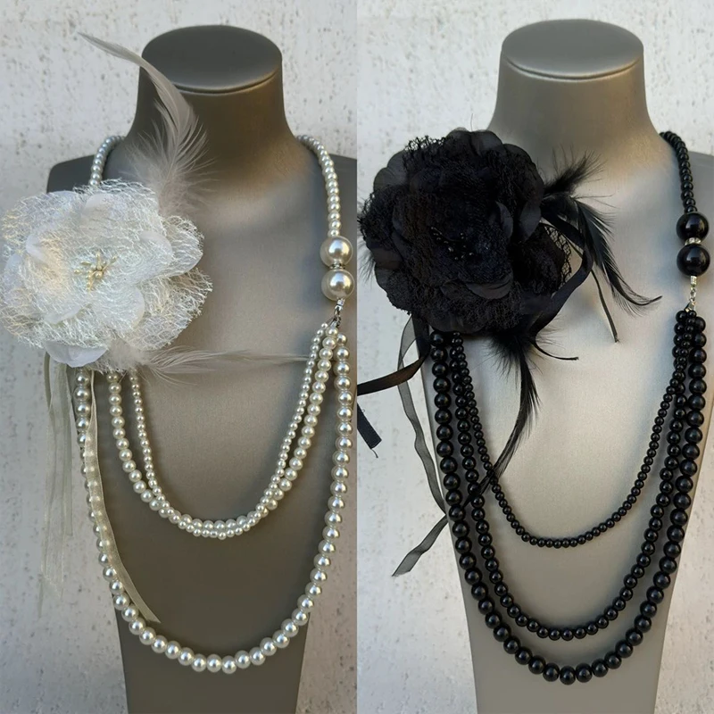 Y2K Imitation Pearl Long Necklace Feather Ribbon Sexy Multi-layer Pearl Corsage Lace Necklace Korean Ladies Sweater Decoration
