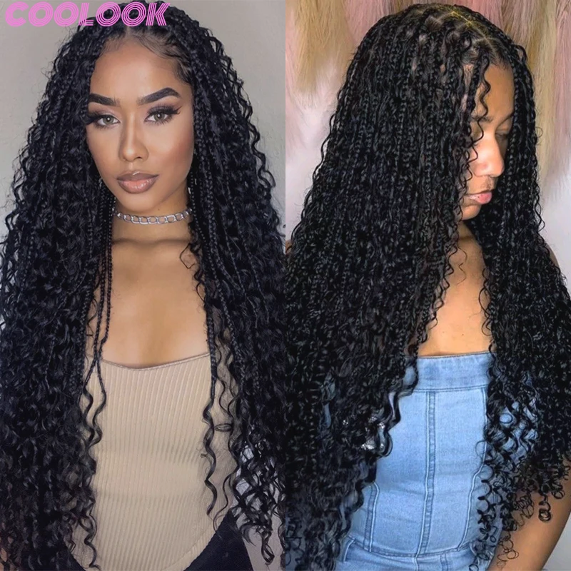 32inch Synthetic Bohemian Full Lace Braided Wig Deep Wave Box Braids Lace Frontal Wig for Black Women Knotless Natural Braid Wig