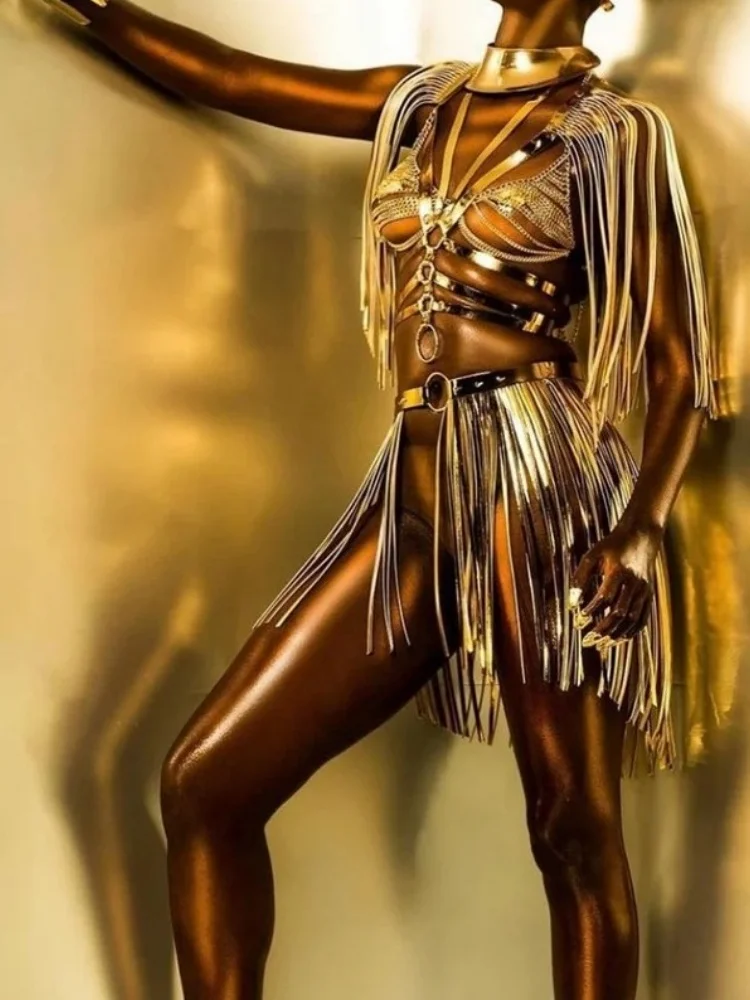 Modische Damen Gold Harajuku-Stil Quasten-Schulterriemen mit Schal Nachtclub Bühnenkostüm Accessoires Neu – Detail 2