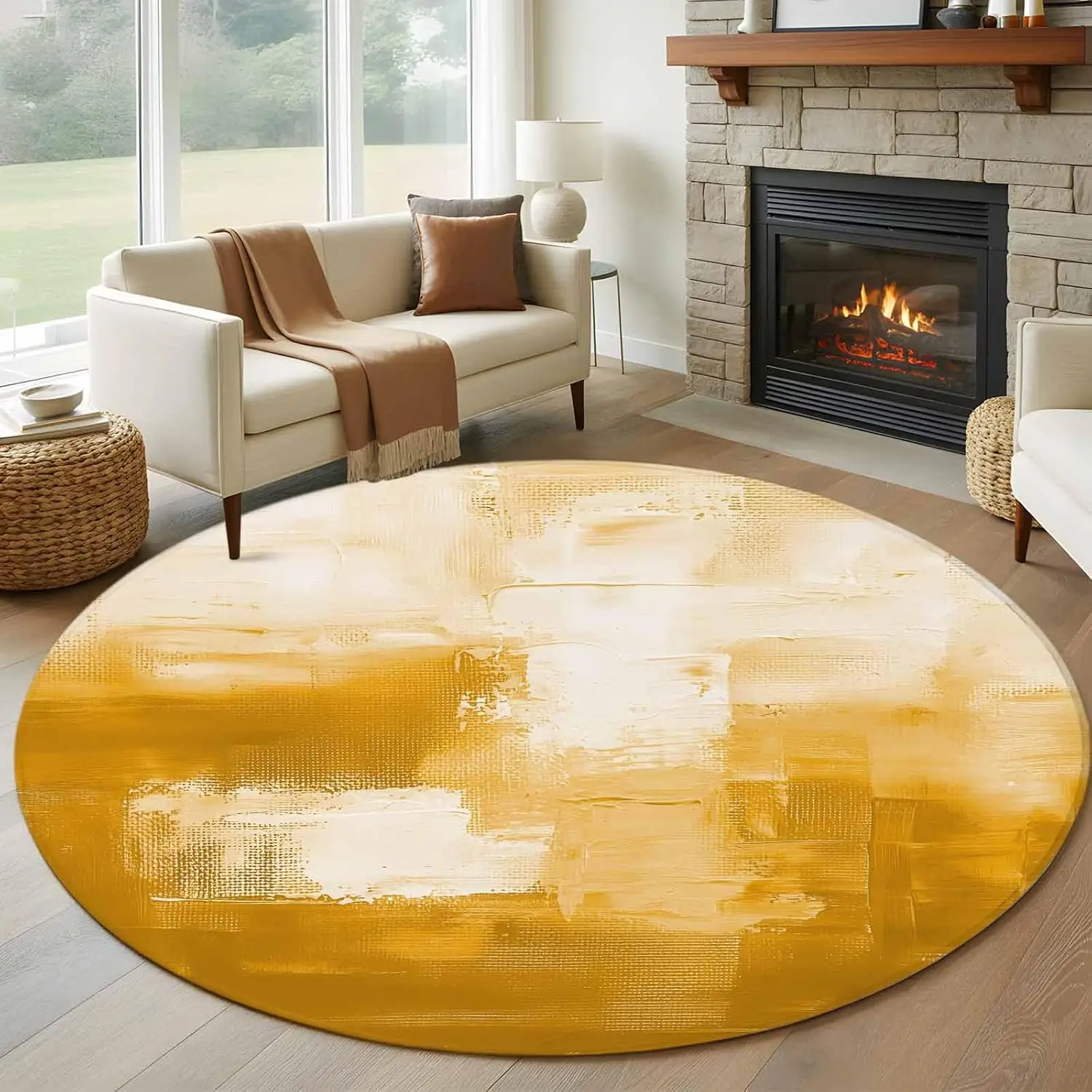 Contemporary Abstract Round Carpet Mustard Yellow Rug Circular Area Rugs for Living Room Bedroom Studio Home Decoration