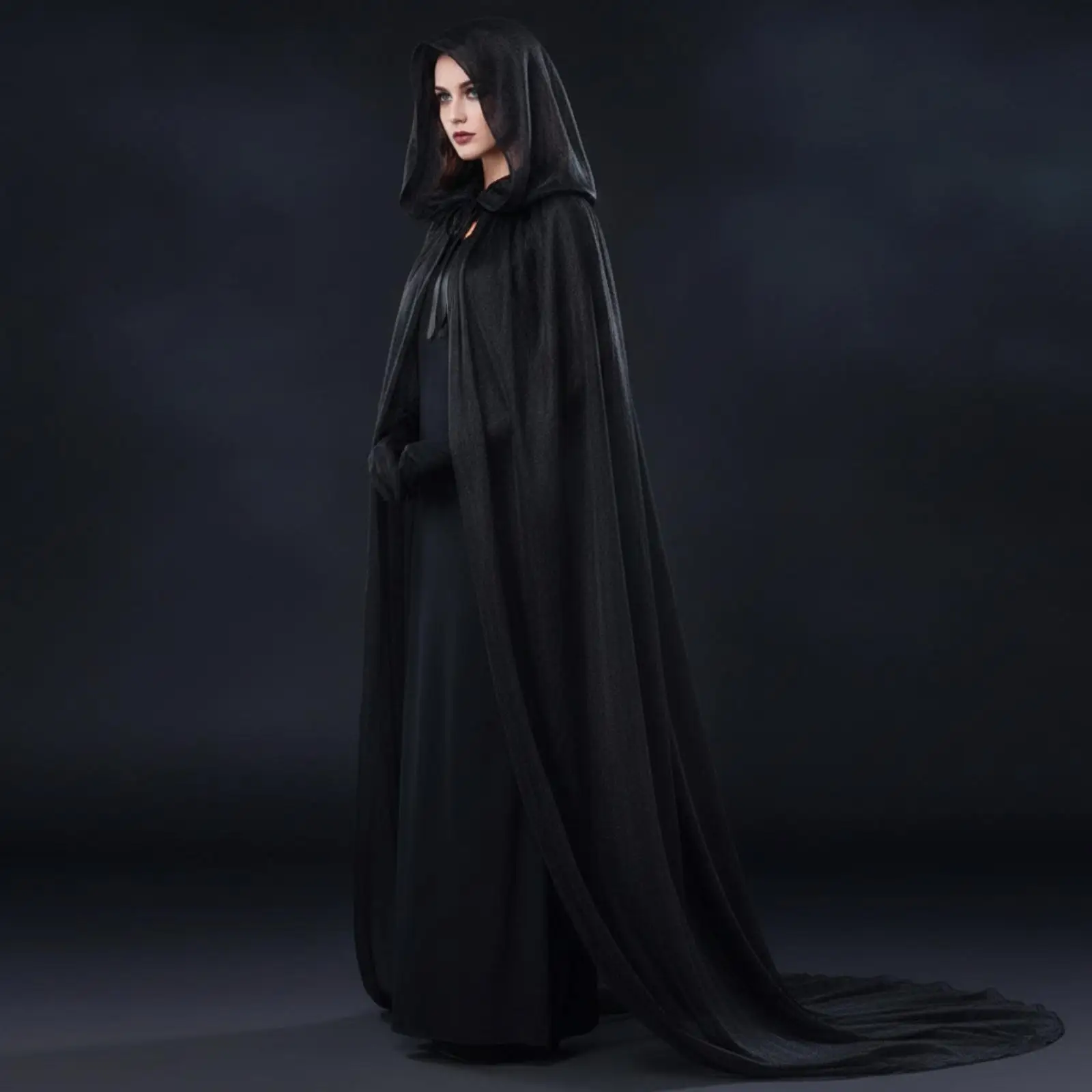 Halloween Costume for Women Hooded Cloak Long Dress with Transparent Mesh Panels and Gloves for Gothic Look