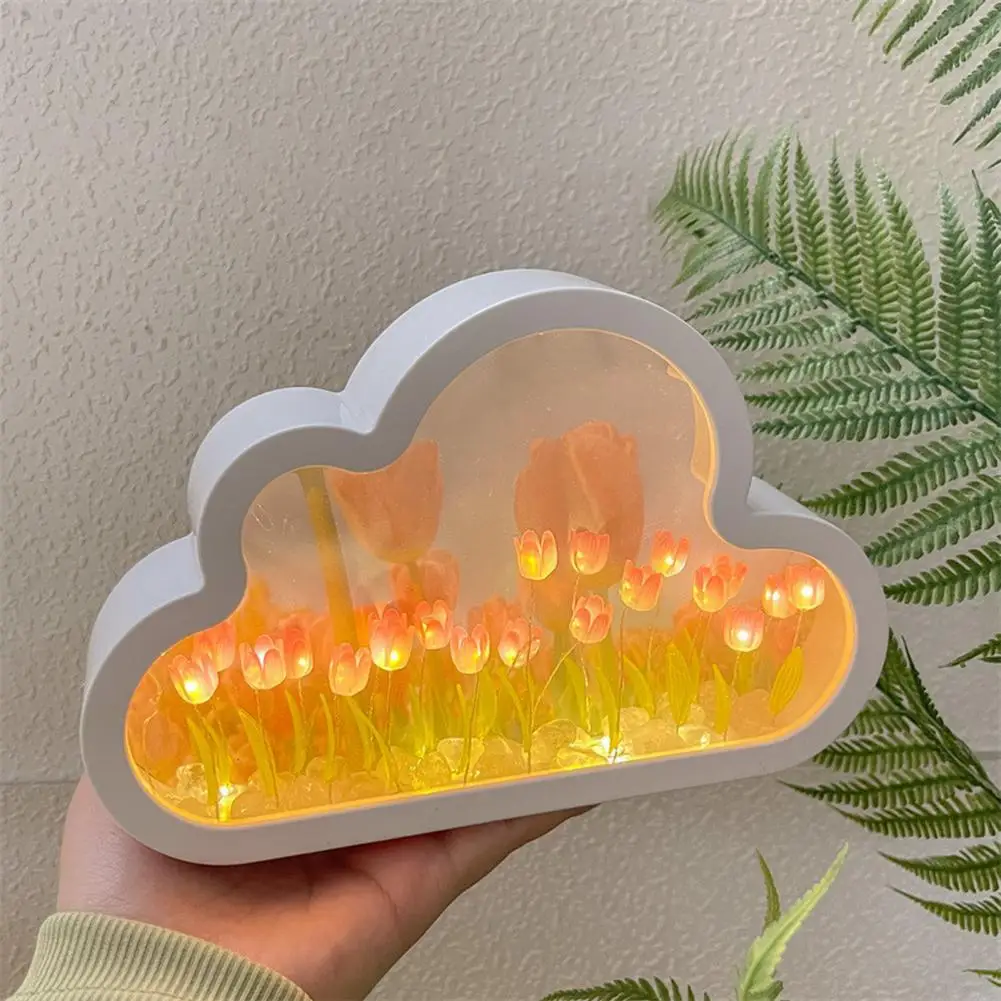 DIY Tulip LED Night Light Lamp Lighting Flicker Free Battery-operated Simulation Flower Cloud Tulip Mirror Table Lamp Decoration