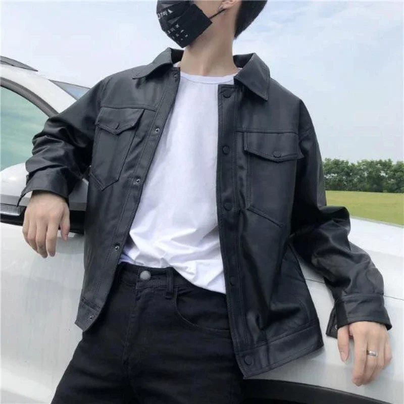 

Men's Motorcycle PU Leather Jacket Spring Autumn Loose Fit Korean Style Trendy Harajuku Couple Coat​