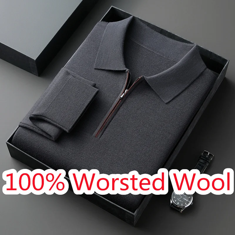 100% ウール混紡ポロシャツ 高級メンズ クラシック ターンダウンカラー ニットTシャツ 長袖 男性用 羊毛 ジップアップ ジャンパー プルオーバー