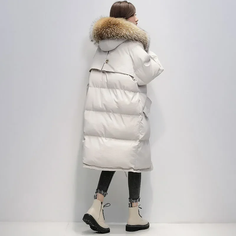 Parkas en duvet pour femmes avec grand col en fourrure, veste d'hiver, manteau optique, coton à capuche, long, automne, mode, 2024