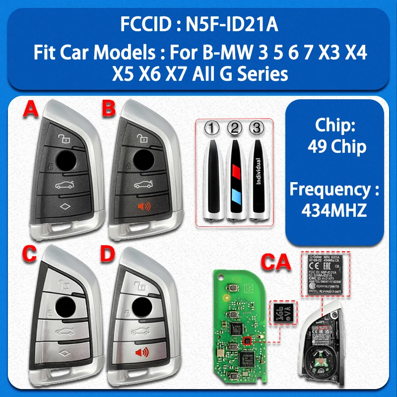 

CN006133 Original 4 Buttons Smart Remote Key FCC N5F-ID21A 49Chip 434MHz Keyless Go For B-MW 3 5 6 7 X3 X4 X5 X6 X7 AII G Series