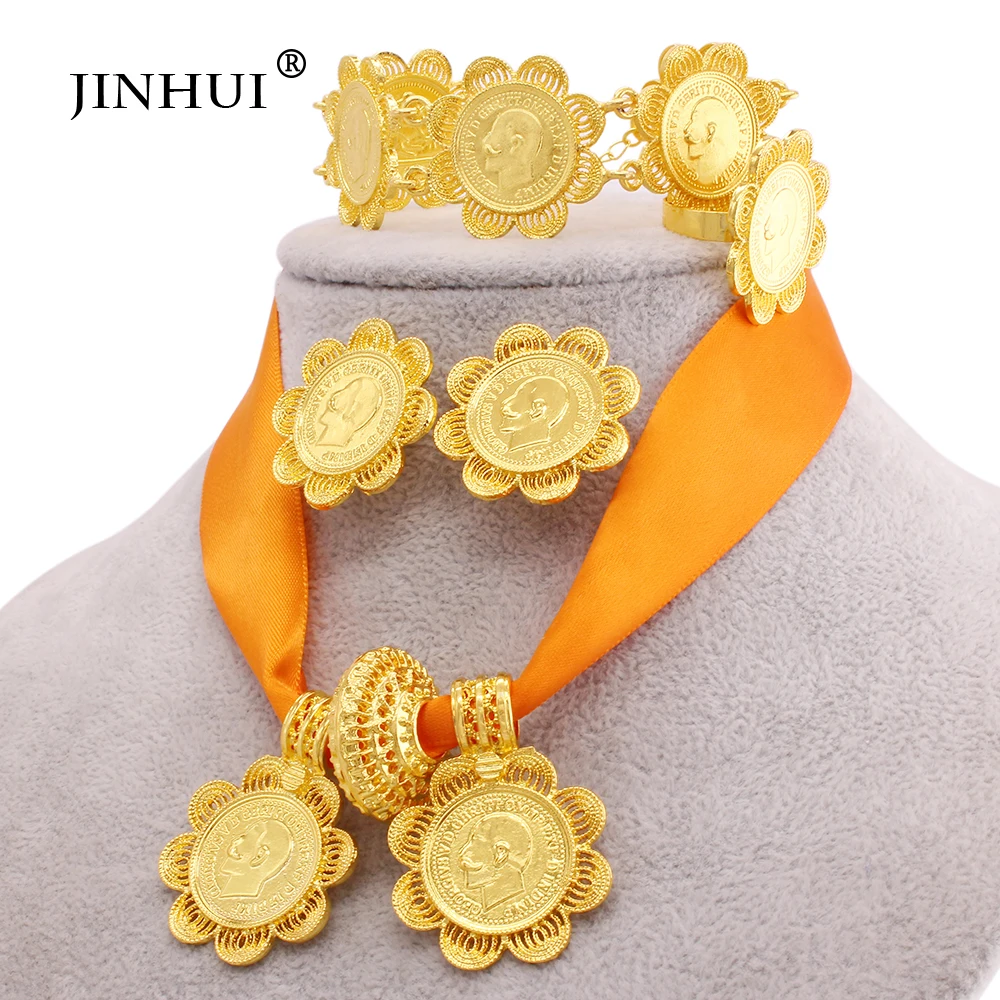 Ethiopian classic gold plated Big Coin Pendant Necklace Earring Ring  jewelry sets for women Dubai African wedding bridal gifts