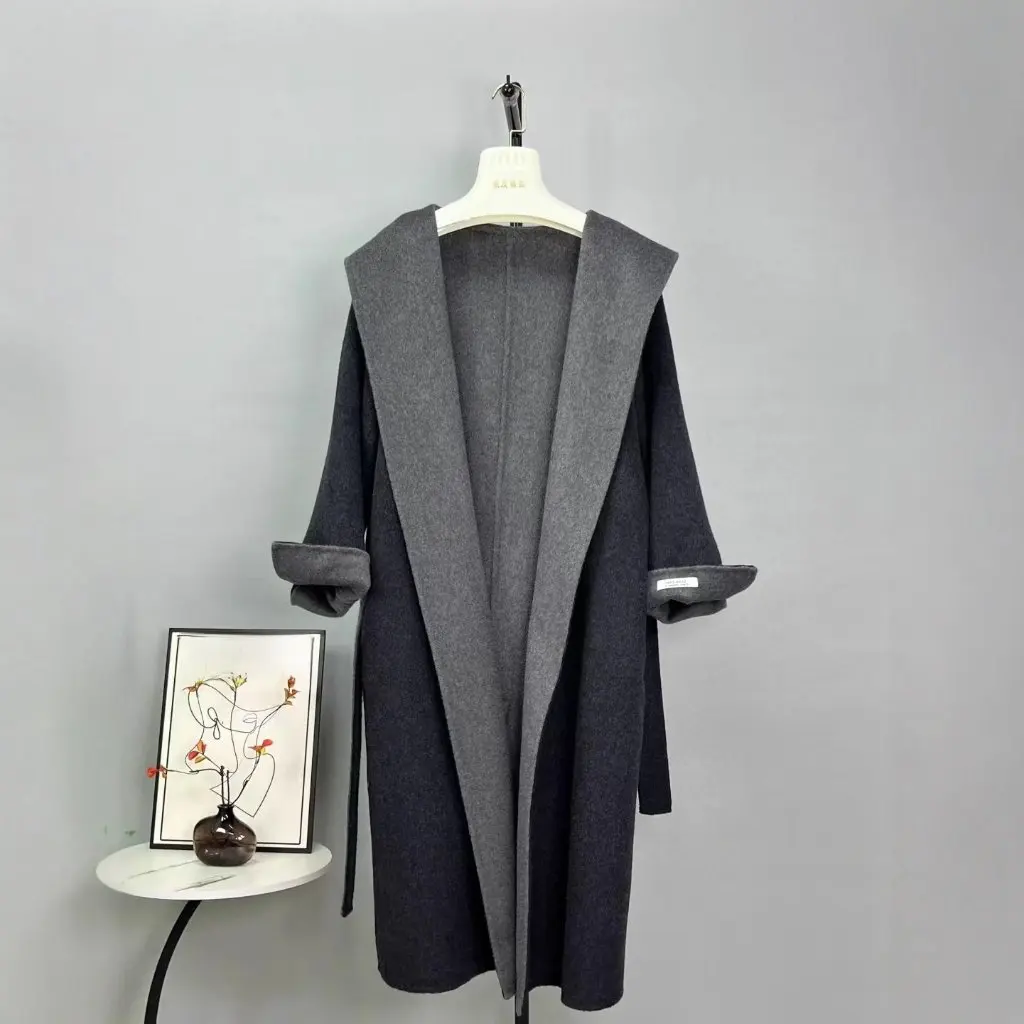 

Двустороннее кашемировое пальто, женское длинное пальто выше колена с капюшоном, осень-зима, новый стиль, ленивая модная высококачественная шерстяная верхняя одежда