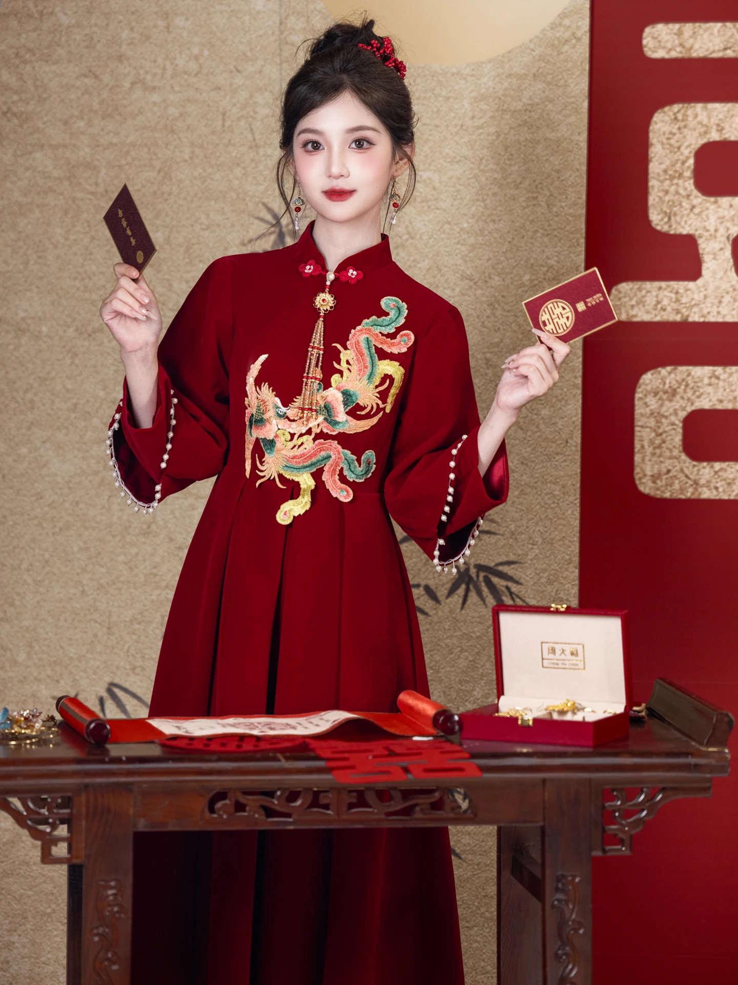 

Красное длинное вечернее платье для беременных в китайском стиле, новое, для помолвки и свадьбы, класса люкс, осеннее