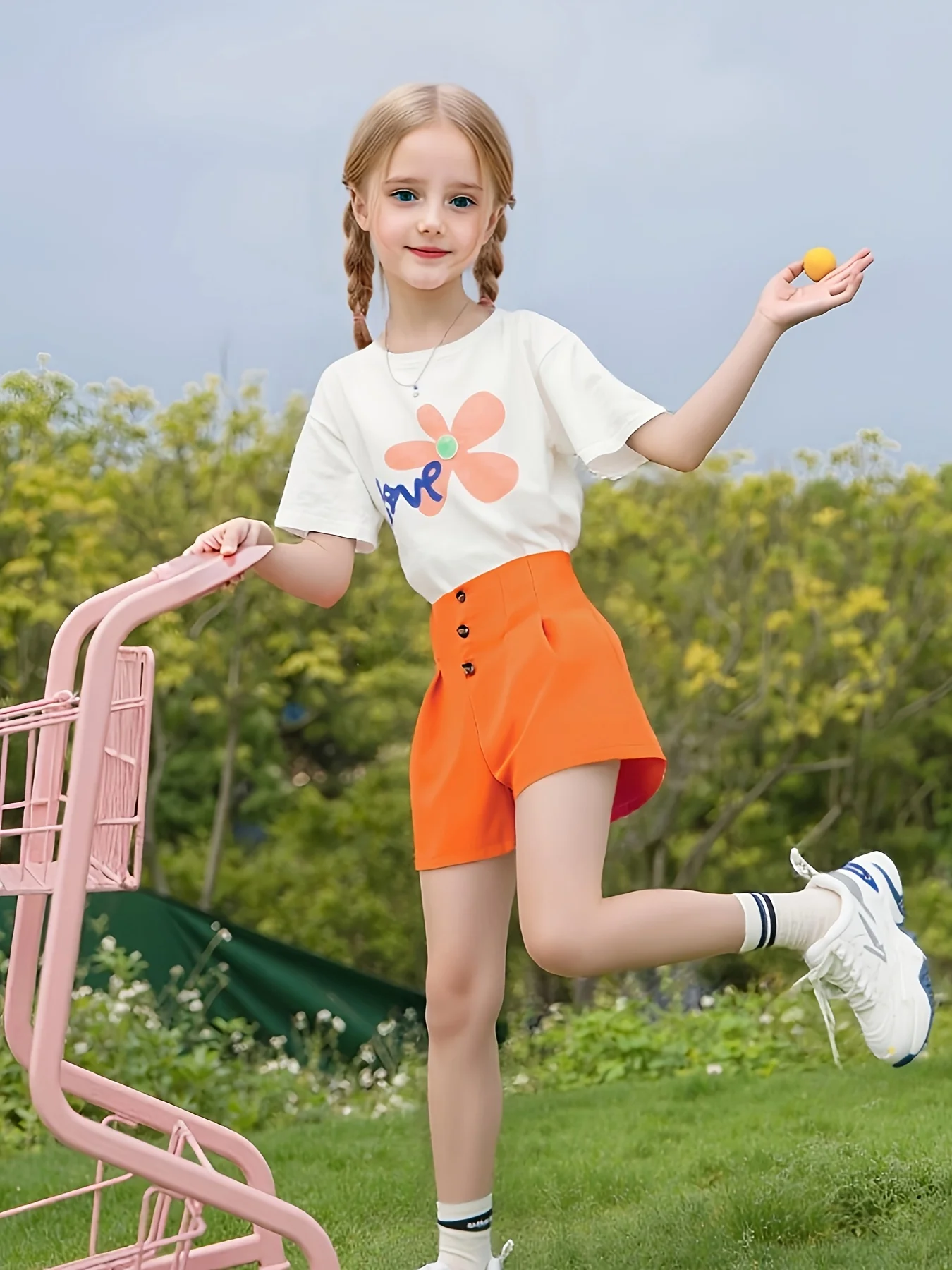 Girls' bright orange shorts: stylish double-breasted design, summer vibrant style