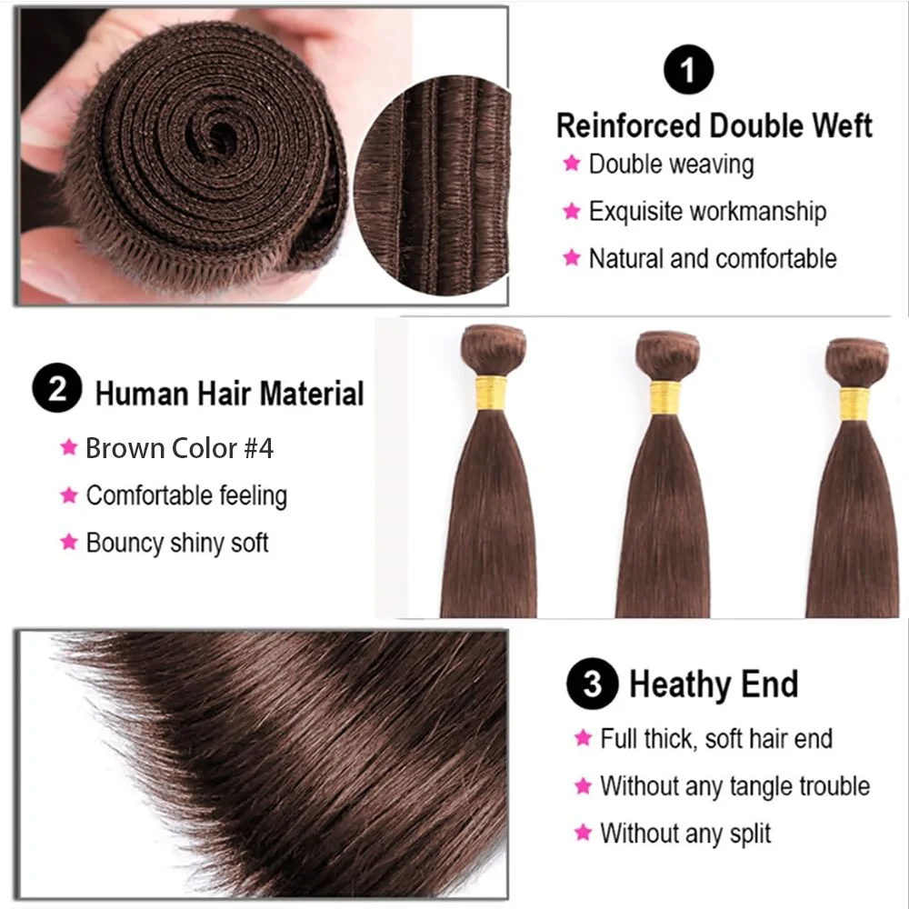 Bundles d'extensions de cheveux humains pour femmes, 1/3 cheveux humains, extension de tissage, brun chocolat, long et droit, 24 ", 26", 28 ", 100%