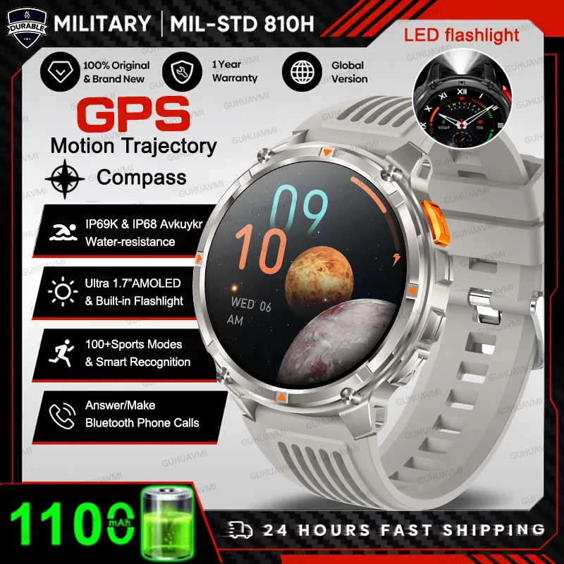 2026 HOT Nieuwe Sport Smartwatch 1100mAh Grote Batterij Duurzaam Kompas 10ATM Waterdicht Tactisch 170+ Sporten BT Oproep Smartwatch Heren