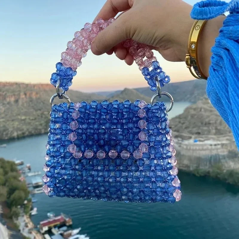 INS Contrast Pink Edging Handmade Beaded Woven Handbag Cute Small Summer Travel Seaside Beach Versatile Box Ladies Hand Bags