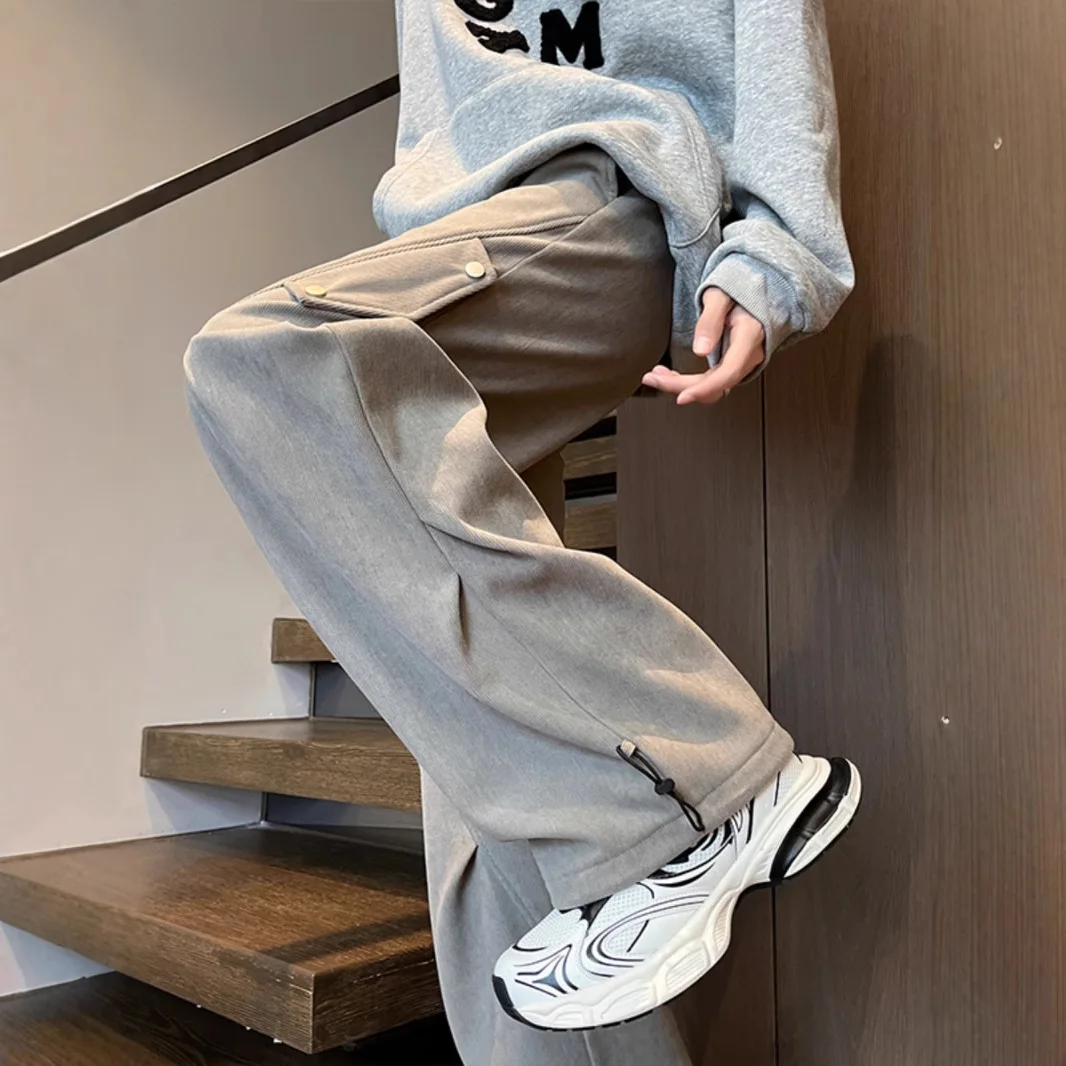 Four Seasons New Fashion Men's Casual Trendy Solid Color Corduroy Cargo Pants Loose Wide Leg Sweatpants Male Trousers Streetwear