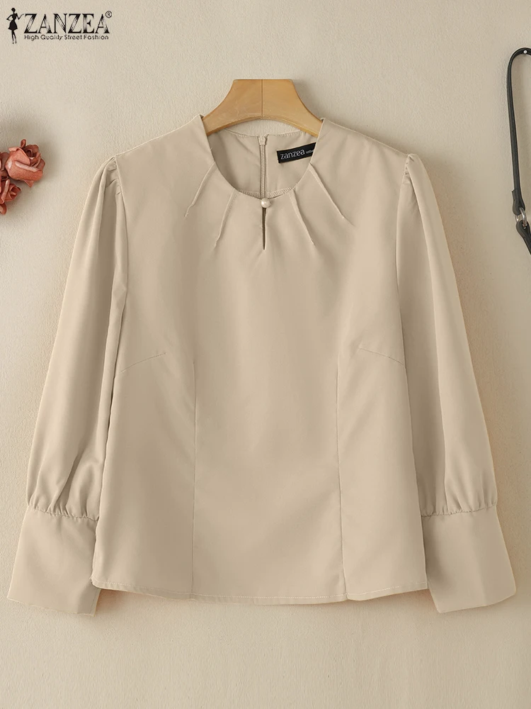 

ZANZEA женские летние блузки с разрезом подол Blusas Mujer с пышными рукавами винтажные плиссированные блузки с круглым вырезом однотонные повседневные топы-туники с рукавами 3/4