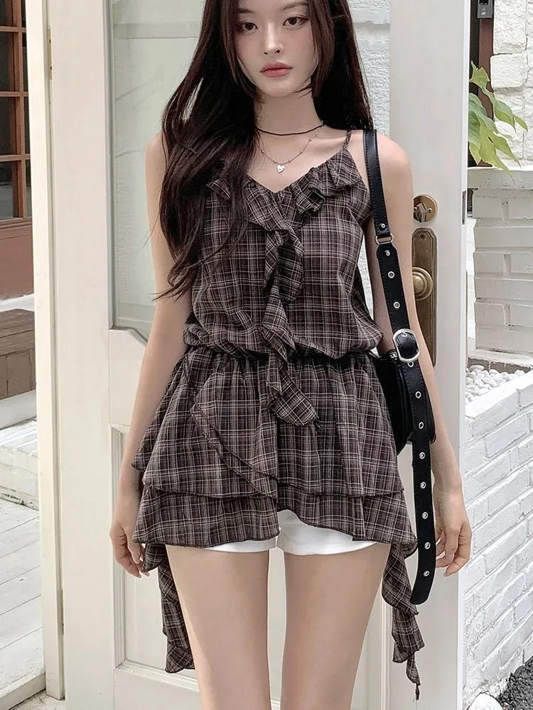 

Summer New Vintage Women's Plaid ter Dr Irregular Lace Trim Layering ort Skirt Regular Thin Commute Sle Single...