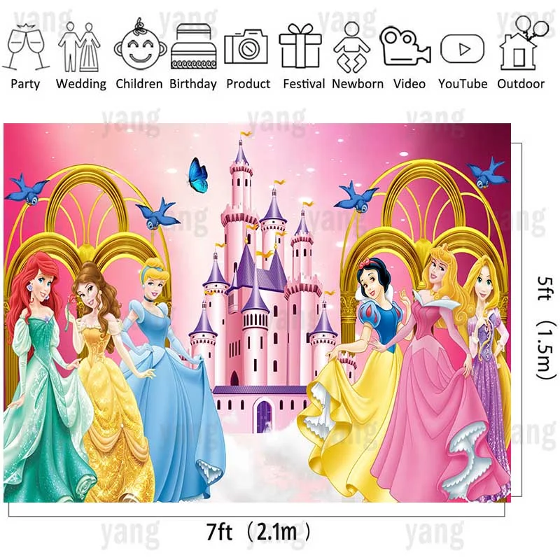 Disney Cartoon Princess Wedding Castle Cinderella Snow White Aladdin Backdrop Girl Birthday Photography Party Baby Shower Banner