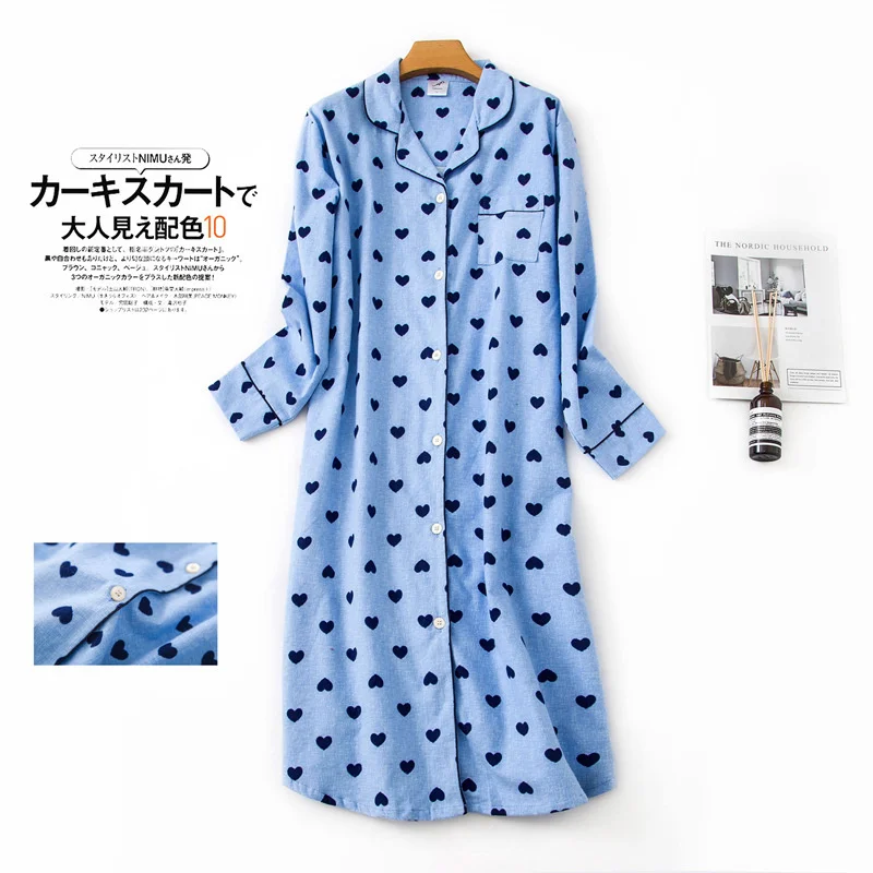 Korean Autumn and Winter Long Sleeve Soft Cotton Pajamas Loose Nightgowns Plus Size Nightdress Lapel Warm Cartoon Loungewear