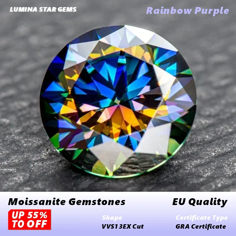 Rainbow Purple Moissanites Round Cut 3.0mm-11mm Eight Hearts and Eight Arrows Moissanite Diy Jewelry Making With Certificate