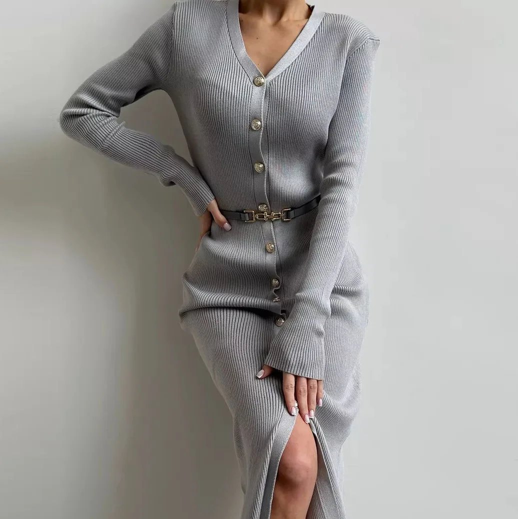 

Long-sleeved Knitted Dress Button Slit Women's Sweater Open Collar Dress Slim Solid Color Elegant Office Women's Clothing, Belt